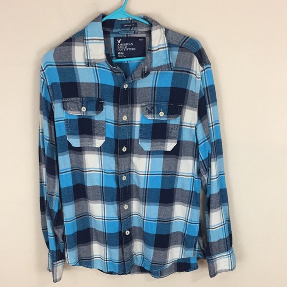AEO Blue Plaid Flannel Athletic Fit Shirt Size Medium - Picture 1 of 13
